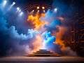 Stage and smoke night lightning in fog searchlight beams, generative AI Royalty Free Stock Photo