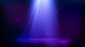 Stage spot lighting. magic light and particles. Blue and purple background. Vector illustration Royalty Free Stock Photo