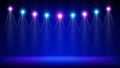 Stage, spotlight. Blue backdrop, background for displaying products. Bright spotlights. Glowing light spot on scene. Shining stage Royalty Free Stock Photo