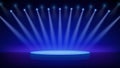 Stage, spotlight, podium. Blue backdrop, background for displaying products. Bright spotlights. Glowing light spot on scene.