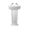 A stage stand or debate podium with microphones isolated on a white background. Business presentation or conference