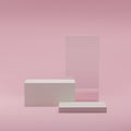 Stage from white platforms, bricks, glass element, podium for product display and show on pink background in studio. 3d realistic