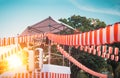 The stage of the Yaguro. Paper red-white lanterns Chochin Scenery for the holiday Obon when people dance of Bon Odori Royalty Free Stock Photo