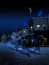 Stagecoach leaving town at night