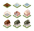 Stages of building house isometric. Excavation foundation and laying communications formation of building frame and
