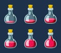 Stages filling bottle with magic elixir. Red alchemy process mystical liquid increasing in volume for game interface and