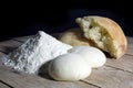 Stages of Making Bread-Flour, Dough and Loaf of Bread on Wooden Table Over Black Background Royalty Free Stock Photo