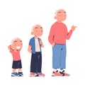 Stages of male growing up. Cute boy from kid to teenager. Preschool, elementary school, secondary school boy cartoon Royalty Free Stock Photo