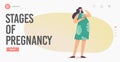 Stages of Pregnancy Landing Page Template. Female Character with Big Belly Enjoy Meal. Pregnant Woman Eating Soup