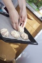 Stages of preparation of meat glomeruli. The blanks are laid out on a baking tray lined with food paper Royalty Free Stock Photo