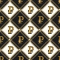Staggered classic vintage black and white pattern with shiny gold ruble sign, gold chains, beads