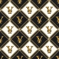 Staggered luxury vintage black and white pattern with shiny gold yen sign, gold chains, beads.