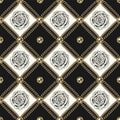 Staggered black and white pattern with roses