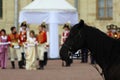 staging a historical scene with the royal family and horse guards on the parade ground in front of the royal palace. The