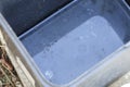 Stagnan water in rubbish container and plastic cup potentially for mosquitoes breeding ground. Blurred image.