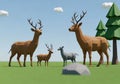 Stags and a doe, in a green landscape with stylized pine trees Royalty Free Stock Photo