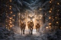 Stags walking in the snow in a wood with Christmas lights