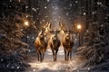 Stags walking in a park with pine trees and street lights and falling snow