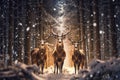 Stags walking in the wood while snowing