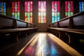 stain glass chapel window reflecting colors on pews