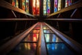 stain glass chapel window reflecting colors on pews