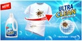 Stain remover, ad vector template or magazine design. Ads poster design on blue background with white t-shirt and stains