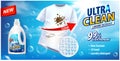 Stain remover, laundry detergent, ad vector template. Ads poster design on blue background with white t-shirt and stains