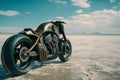 A Stained Antique Powerful Motorcycle Parked in the Middle of a Flooded White Salt Desert on a Sunny Day