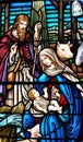 Stained galss window of birth of Jesus Royalty Free Stock Photo