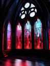 Stained gl windows lit up with a mysterious glint of crimson light Gothic art. AI generation