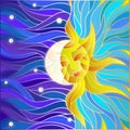 Stained glass abstract illustration with moon and sun in the sky