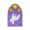 Stained glass arch window of Christian temple, flying white angel and red flowers pattern Royalty Free Stock Photo