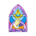 Stained glass arch window of church, mosaic art with hands folded in prayer Royalty Free Stock Photo