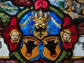 Stained glass coat of arms of nobleman bulls and two headed eagle