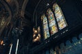 Stained glass colorful window in unterior of the famous Notre Dame Fourviere Cathedral