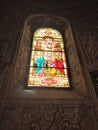 Stained Glass with the Crucifixion Prayer, Our Lady of Trnava Chapel in the Basilica of St. Nicholas, Trnava, Slovakia Royalty Free Stock Photo
