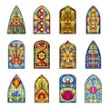 Stained glass. Decorative colored windows from vintage church buildings medieval templates of stained glasses with