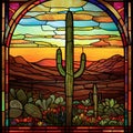 Stained Glass Santa Fe Cactus Window: Isolated Landscapes And Tonalist Color Scheme