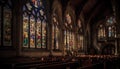 Stained glass illuminates majestic gothic basilica interior generated by AI