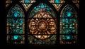 Stained glass illuminates ornate altar inside chapel generated by AI