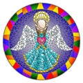 Stained glass illustration with an abstract angel in blue robe with a heart , round picture frame in bright