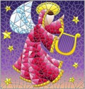 Stained glass illustration with abstract angel in pink robe with a harp in his hands at the sky and stars