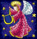 Stained glass illustration with abstract angel in pink robe with a harp in his hands at the sky and stars