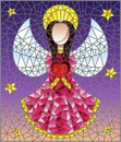 Stained glass illustration with abstract angel in pink robe with heart in hands on a background of sky and stars Royalty Free Stock Photo