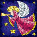 Stained glass illustration with abstract angel in pink robe with a pipe in hands on a background of sky and stars