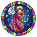 Stained glass illustration with an abstract angel in pink robe play the harp in bright frame , round picture Royalty Free Stock Photo