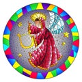 Stained glass illustration with an abstract angel in pink robe play the harp in bright frame , round picture