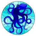 Stained glass illustration with abstract blue octopus against a blue sea and bubbles,round picture