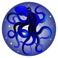 Stained glass illustration with abstract blue octopus against a blue sea and bubbles,round picture