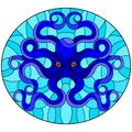 Stained glass illustration with abstract blue octopus against a blue sea ,round picture